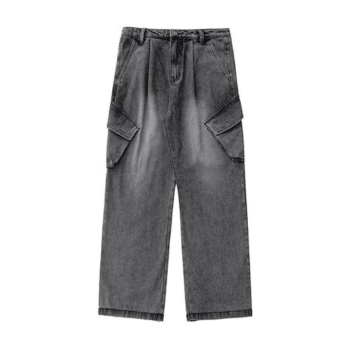 Unisex Hochtaillierte Relaxed-Denim‑Cargohose mit weitem Palazzoschnitt und asymmetrischen Klappentaschen Drune