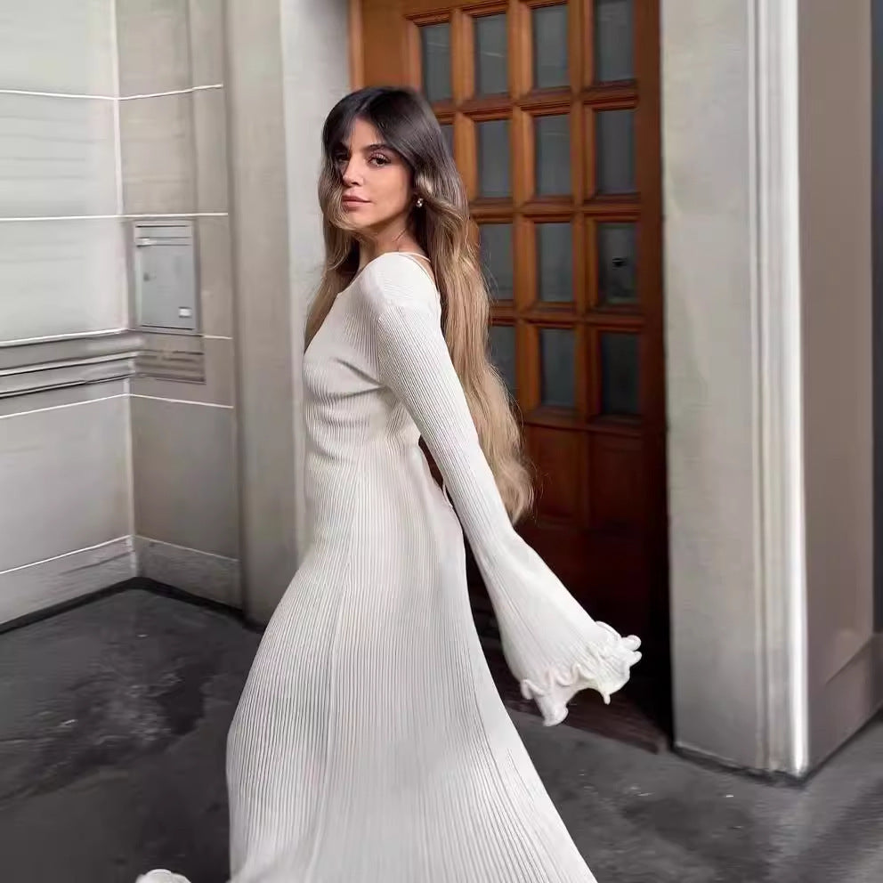 Damen Elegantes Strickkleid mit Rüschendetails und langen Ärmeln Drune
