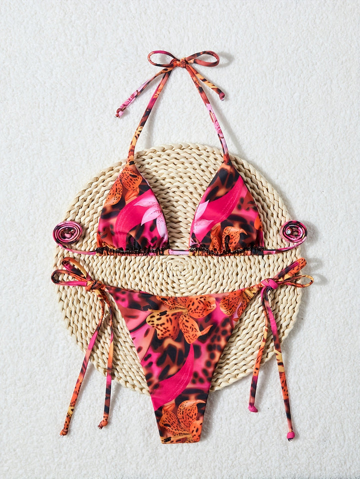Damen Triangel-Bikini mit verstellbaren Bindebändern und animalischem Muster Drune