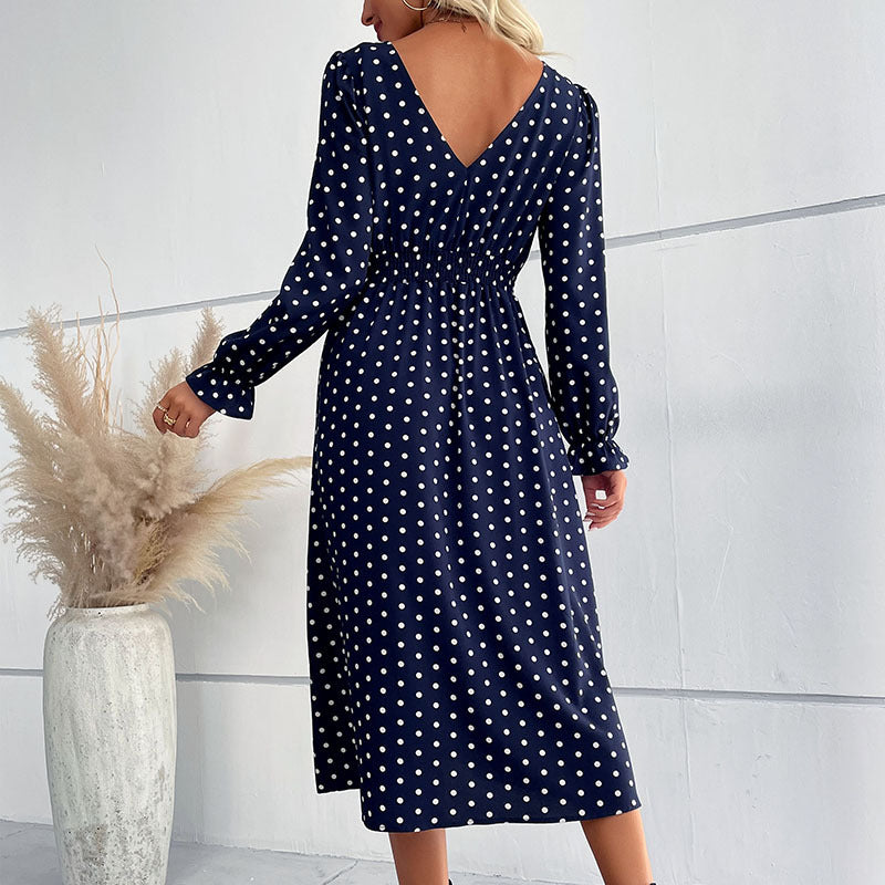 Damen Gepunktetes Midikleid mit geraffter Taille und Ballonärmeln Drune