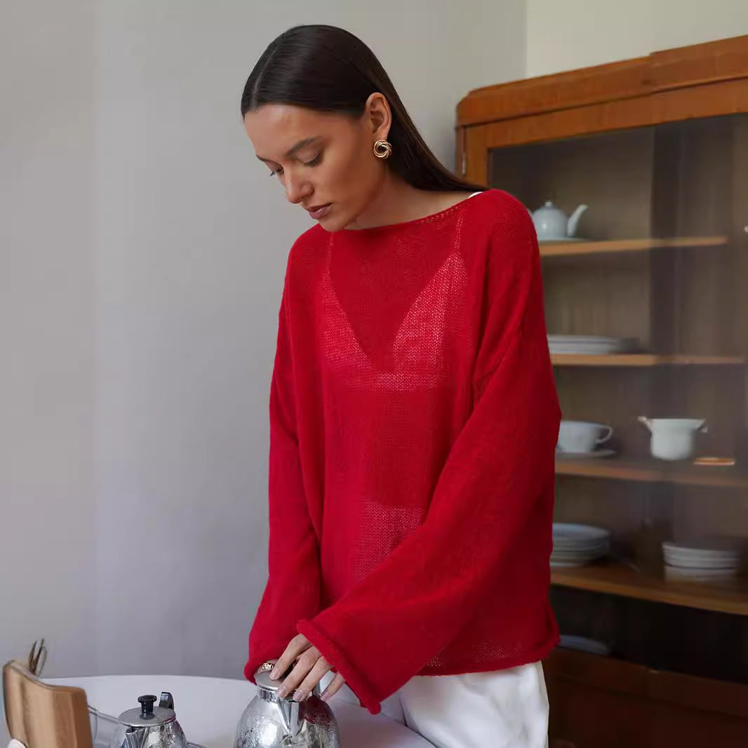 Damen luftiger Strickpullover mit weitem Schnitt und angeschnittenen Ärmeln Drune