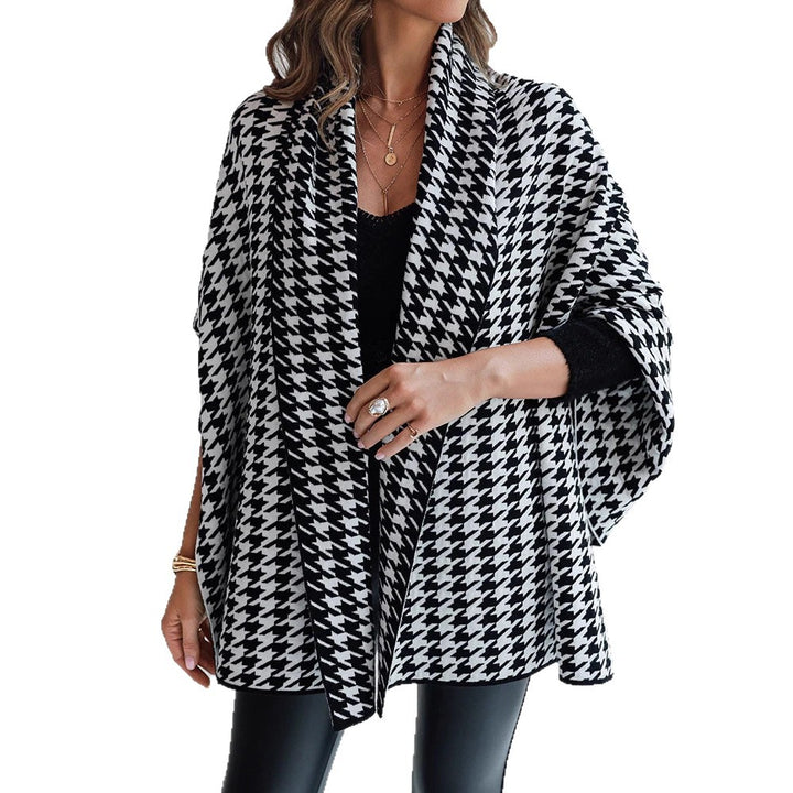 Damen Oversized Poncho mit Hahnentritt-Muster und offenem Schalkragen Drune