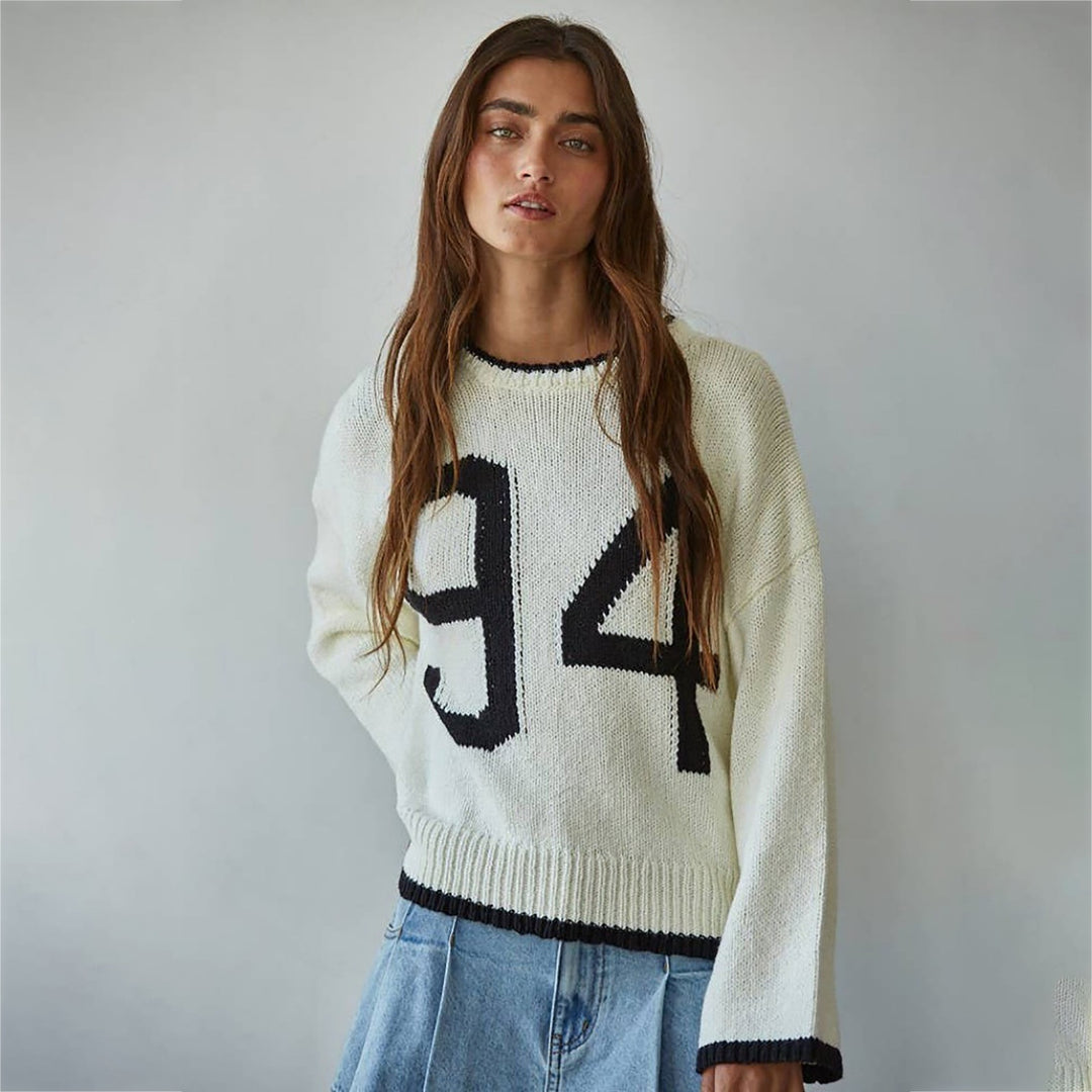 Damen Grobstrick-Pullover mit Rundhalsausschnitt, Kontrastbesatz & Oversized-Silhouette Drune