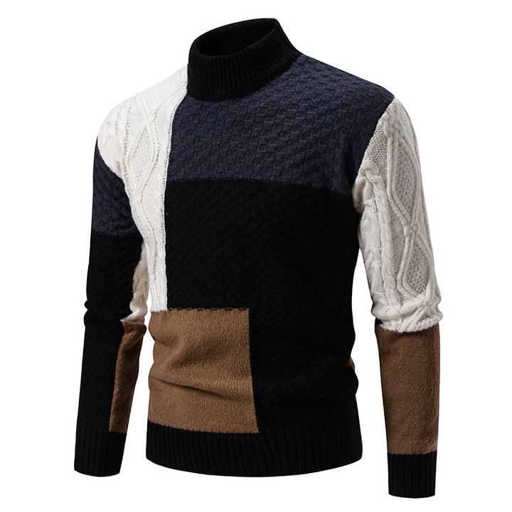 Herren nan strukturierter Patchwork-Strickpullover mit hohem Stehkragen und kombinierten Strickmustern Drune