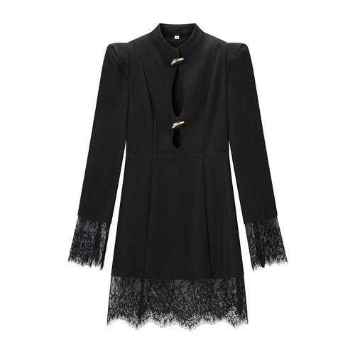 Damen Spitzenkleid mit Stehkragen, Cut-Out-Detail und Zierknöpfen Drune