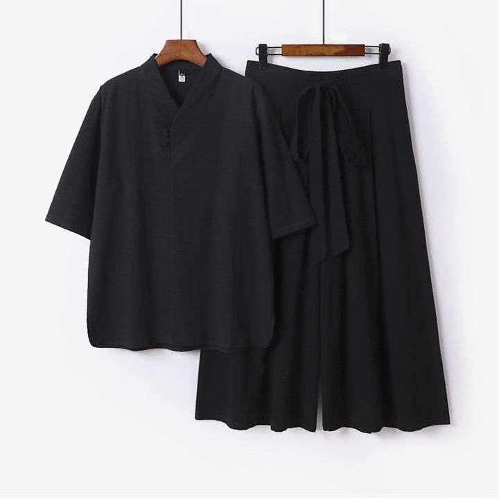 Unisex Zweiteiliges Kimono-Lounge-Set mit Stehkragen Kurzarmtop und weiter Bindbundhose Drune