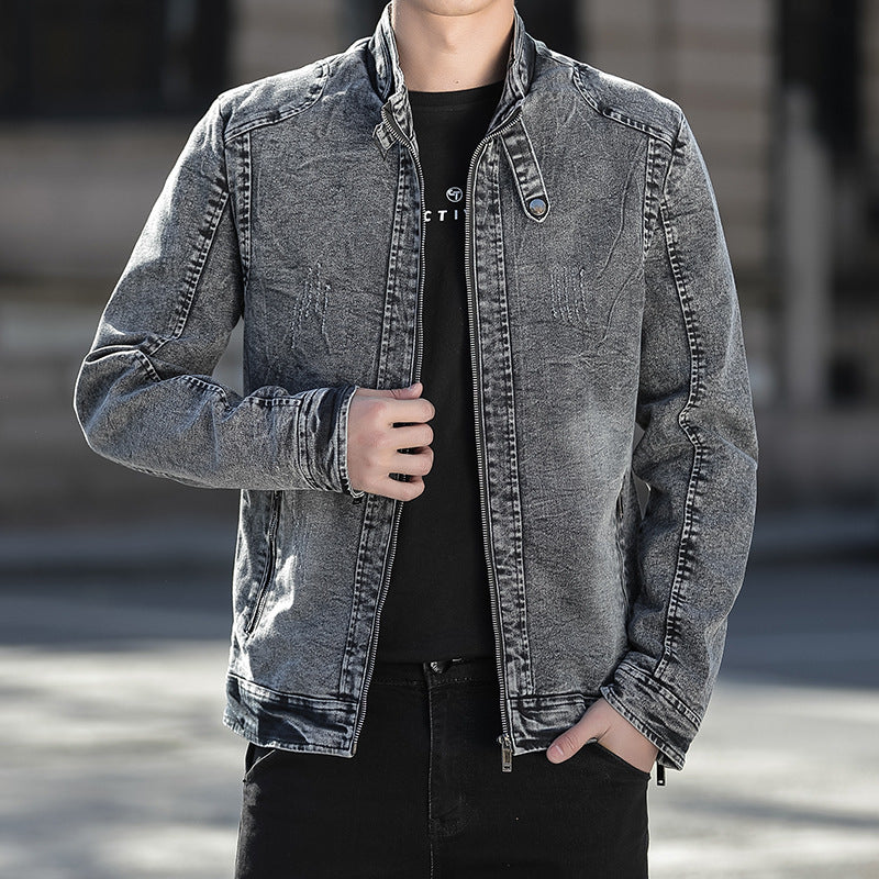 Herren Jeansjacke im Vintage-Washed Slim-Fit mit Stehkragen und Reißverschluss Drune