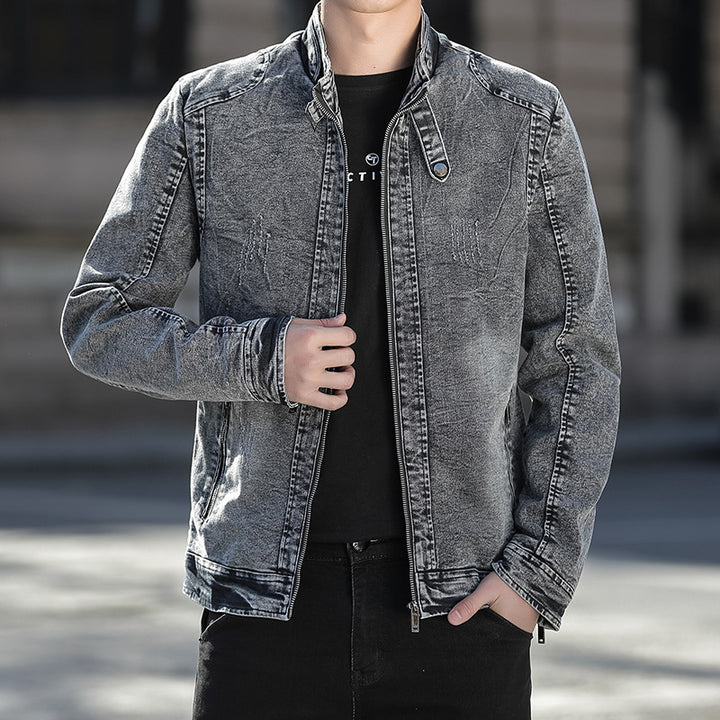 Herren Jeansjacke im Vintage-Washed Slim-Fit mit Stehkragen und Reißverschluss Drune