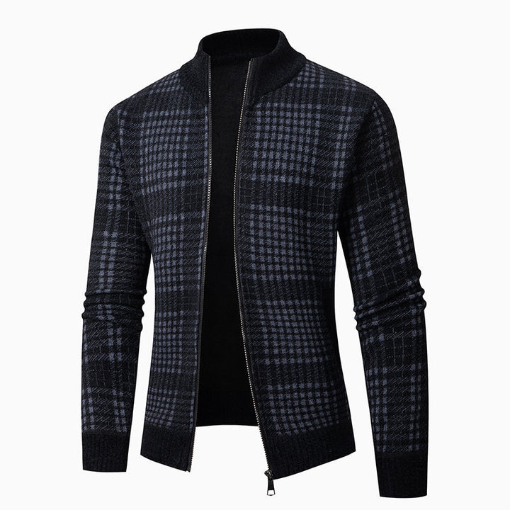 Herren Feinstrick-Zipcardigan mit Glencheck‑Muster, Stehkragen und Zwei‑Wege‑Reißverschluss Drune