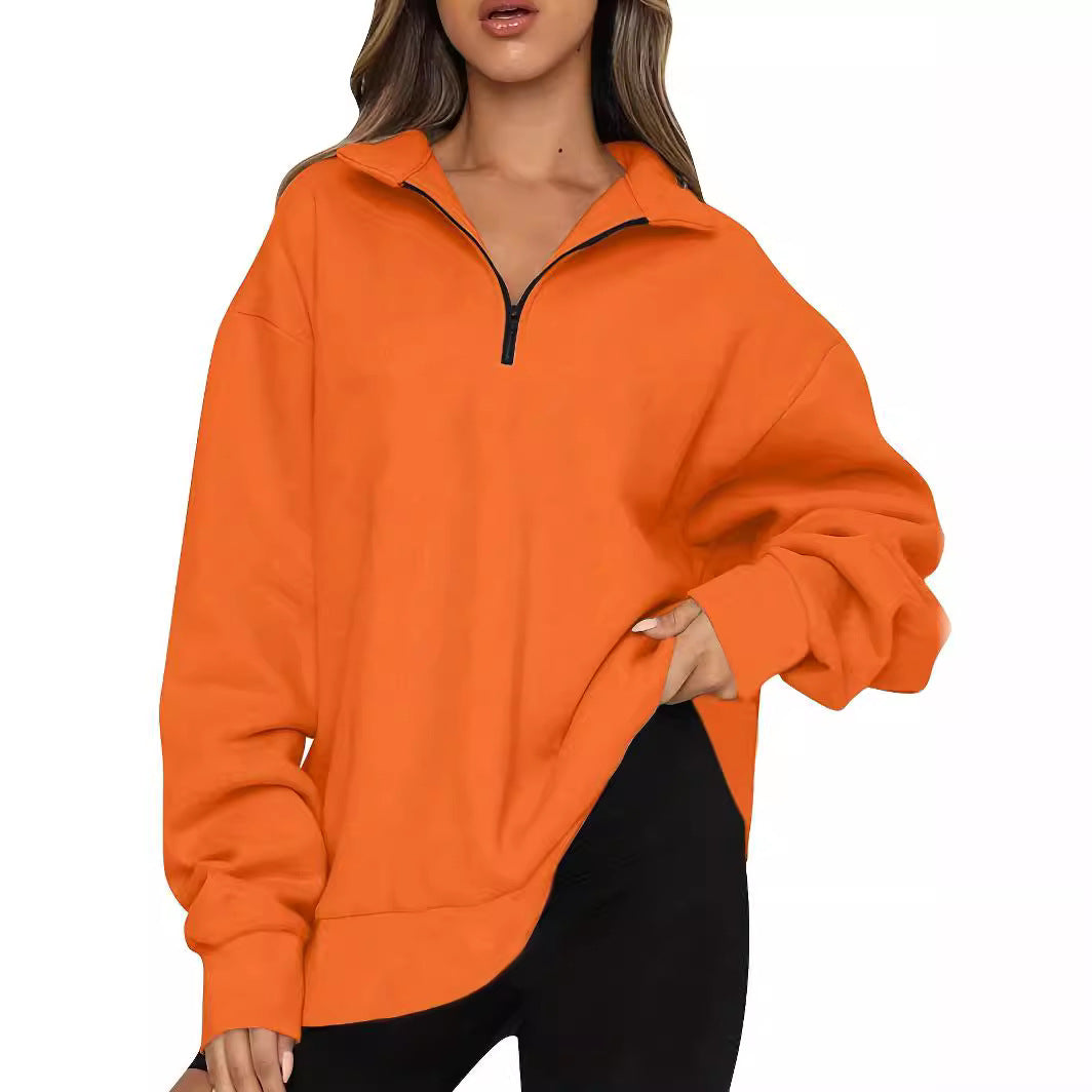 Damen nan Oversized Sweatshirt mit Kurzreißverschluss, Stehkragen und Kängurutasche Drune
