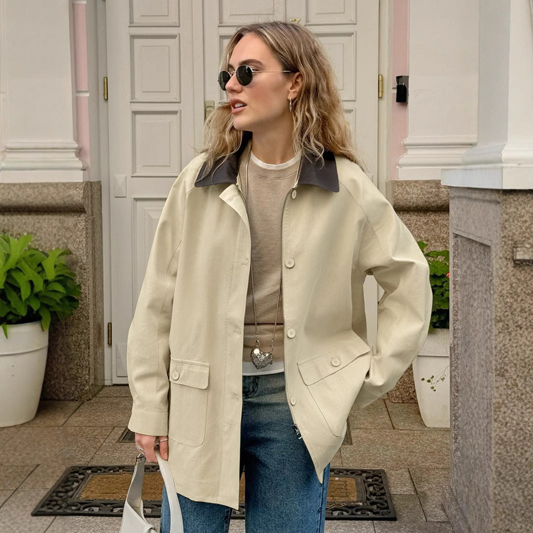 Damen Urbaner Utility-Mantel mit kontrastierendem Kragen und praktischen Taschen Drune