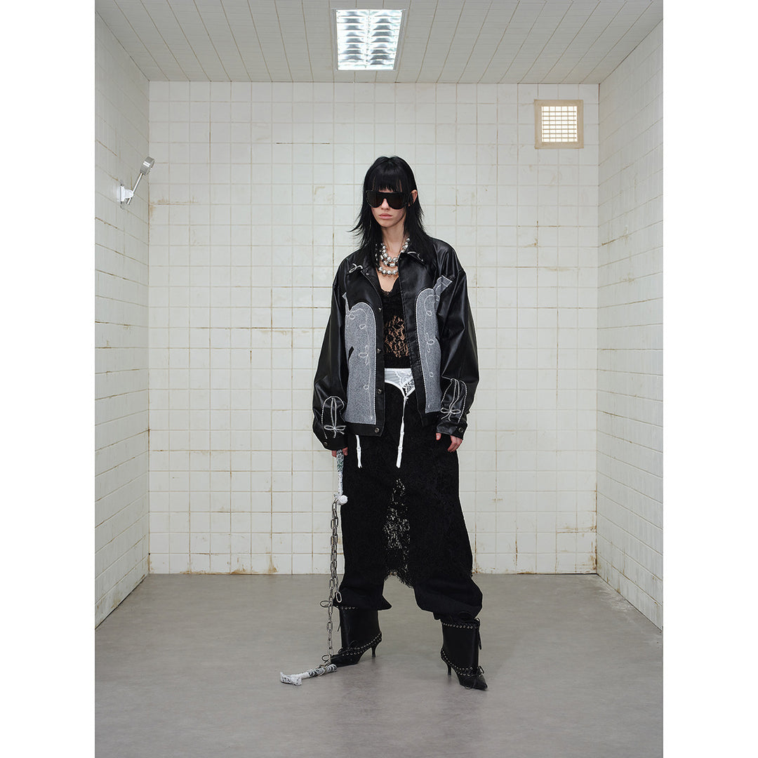 Unisex Boxy-Blouson aus Lederimitat und Wollmix mit Westernstickerei Drune