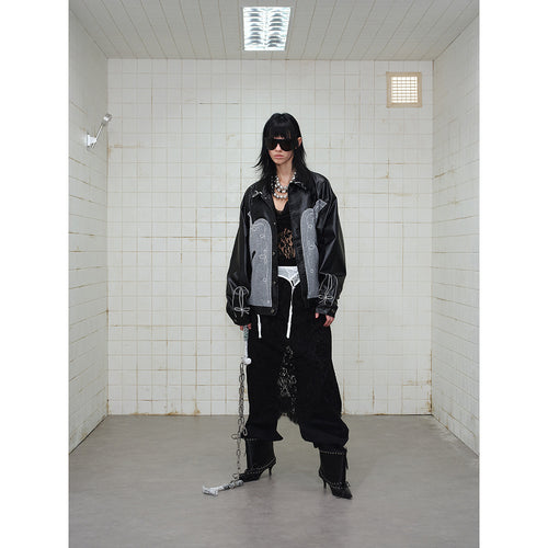 Unisex Boxy-Blouson aus Lederimitat und Wollmix mit Westernstickerei Drune