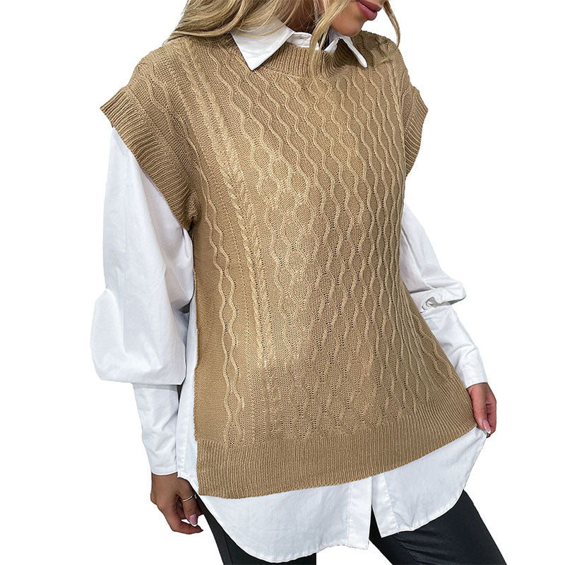 Damen Oversize Strickweste mit Zopfmuster und Rundhalsausschnitt Drune
