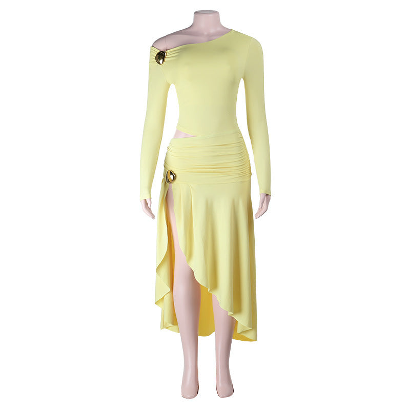 Damen asymmetrisches Wickelkleid mit schulterfreiem Design und knielangem Saum Drune