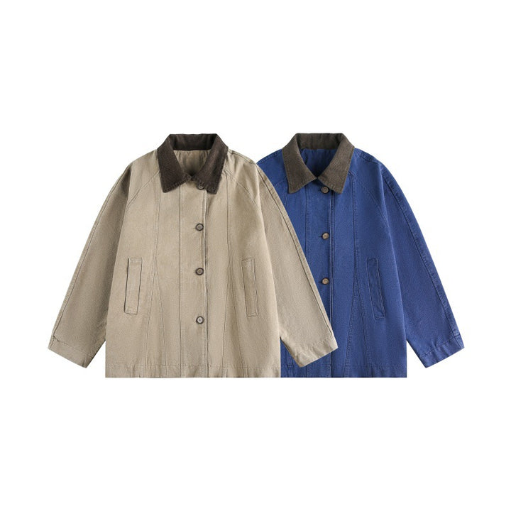 Unisex Kurz geschnittener Boxy-Jeansblouson mit Cordkragen und tonalen Ziernähten Drune