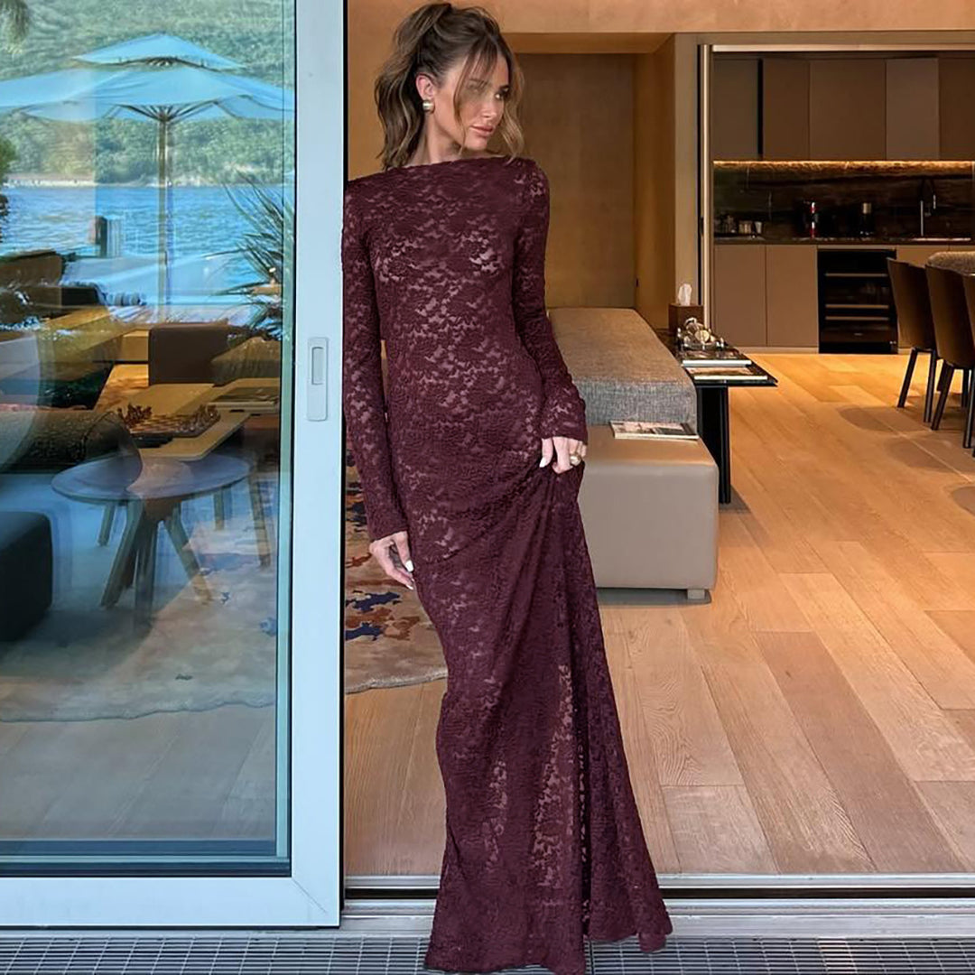 Damen Elegantes Spitzenmaxikleid mit langen Ärmeln Drune