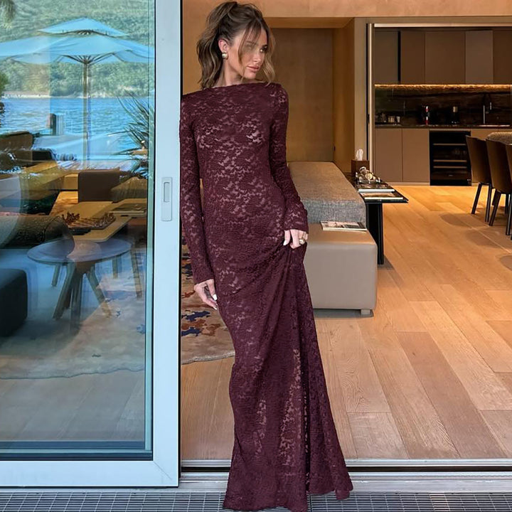 Damen Elegantes Spitzenmaxikleid mit langen Ärmeln Drune