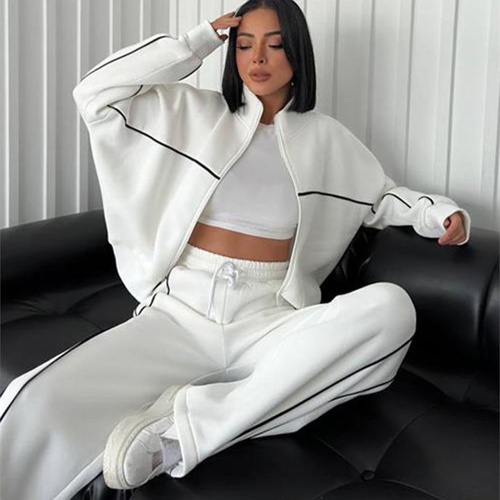Damen nan Oversize Trainingsanzug Set mit Reißverschluss hohem Kragen und Kontrastpaspeln Drune