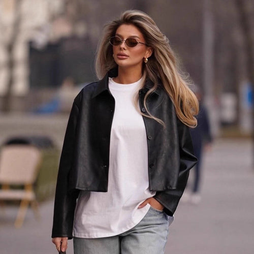 Damen Modische cropped Kunstlederjacke mit stilvollen Details Drune