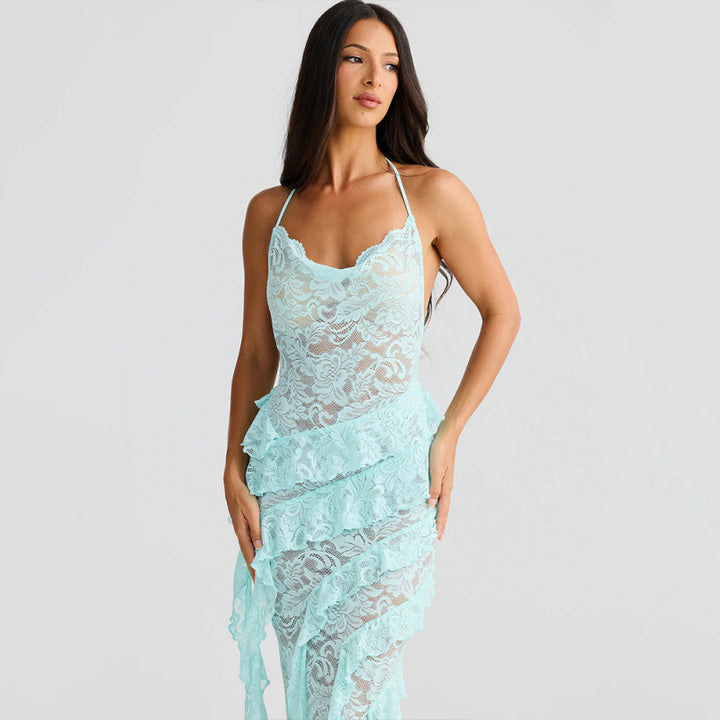 Damen verführerisches Spitzenkleid mit asymmetrischem Saum und Rüschendetails Drune