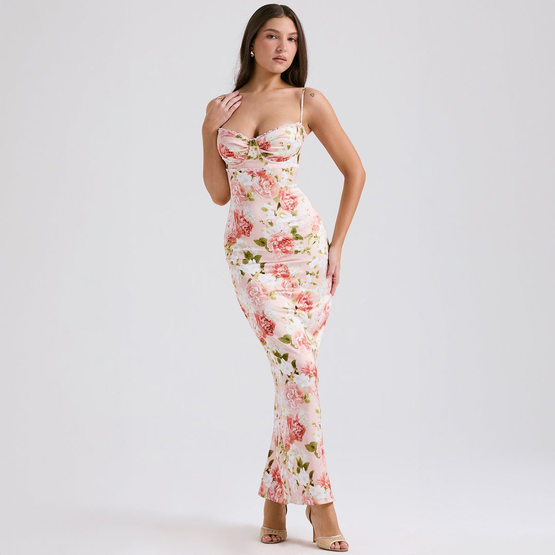 Damen Elegantes figurbetontes Maxikleid mit floralem Design Drune