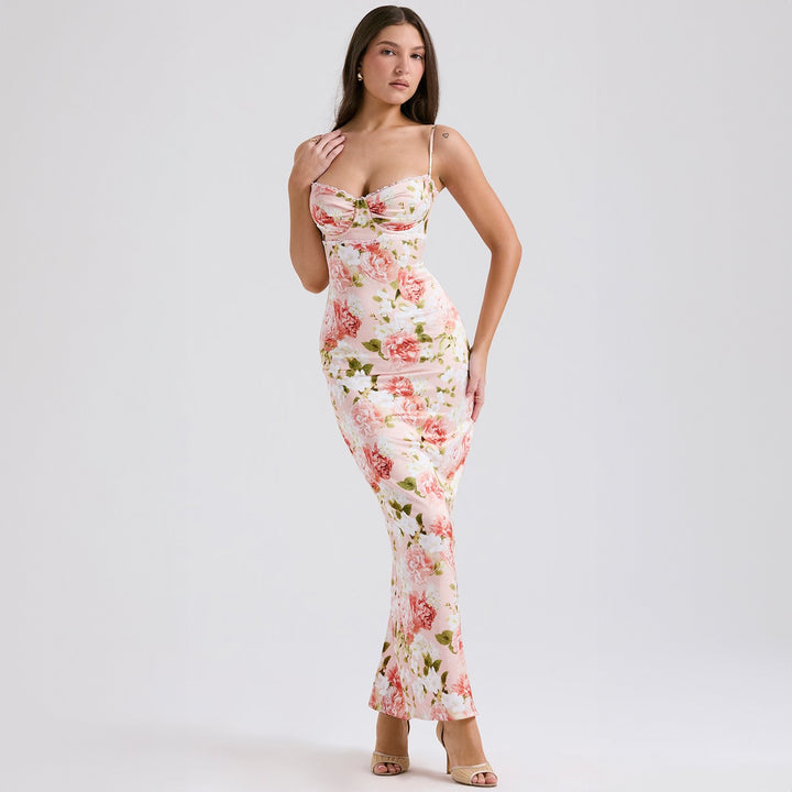 Damen Elegantes figurbetontes Maxikleid mit floralem Design Drune