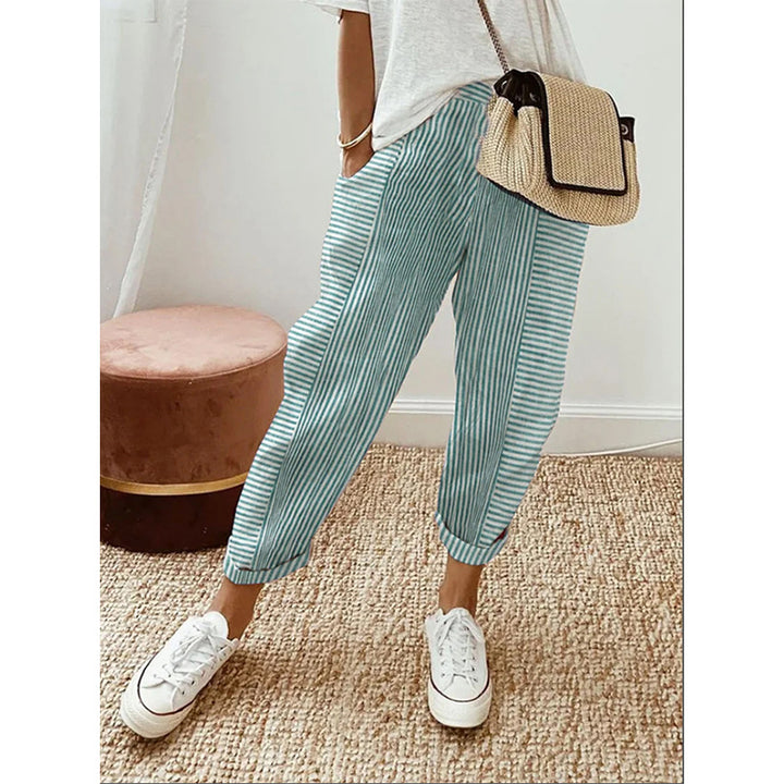Damen Freizeit Leinenlook Hose mit Streifen, elastischem Bund und Saumabschluss Drune