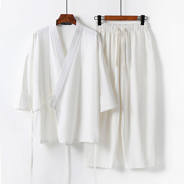 Unisex Leichtes Kimono-Lounge-Set aus weichfallendem Baumwoll-Mix mit Tunnelzughose Drune