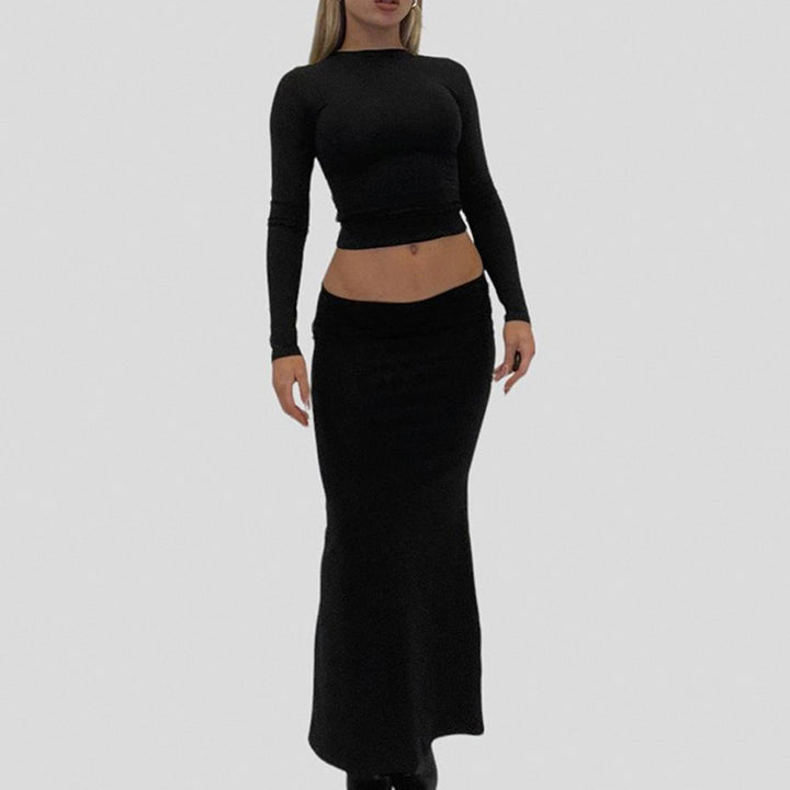 Damen Zweiteiliges Midriff-Set aus Stretchjersey mit V-Ausschnitt Crop-Top und taillenbetontem Maxi-Rock Drune