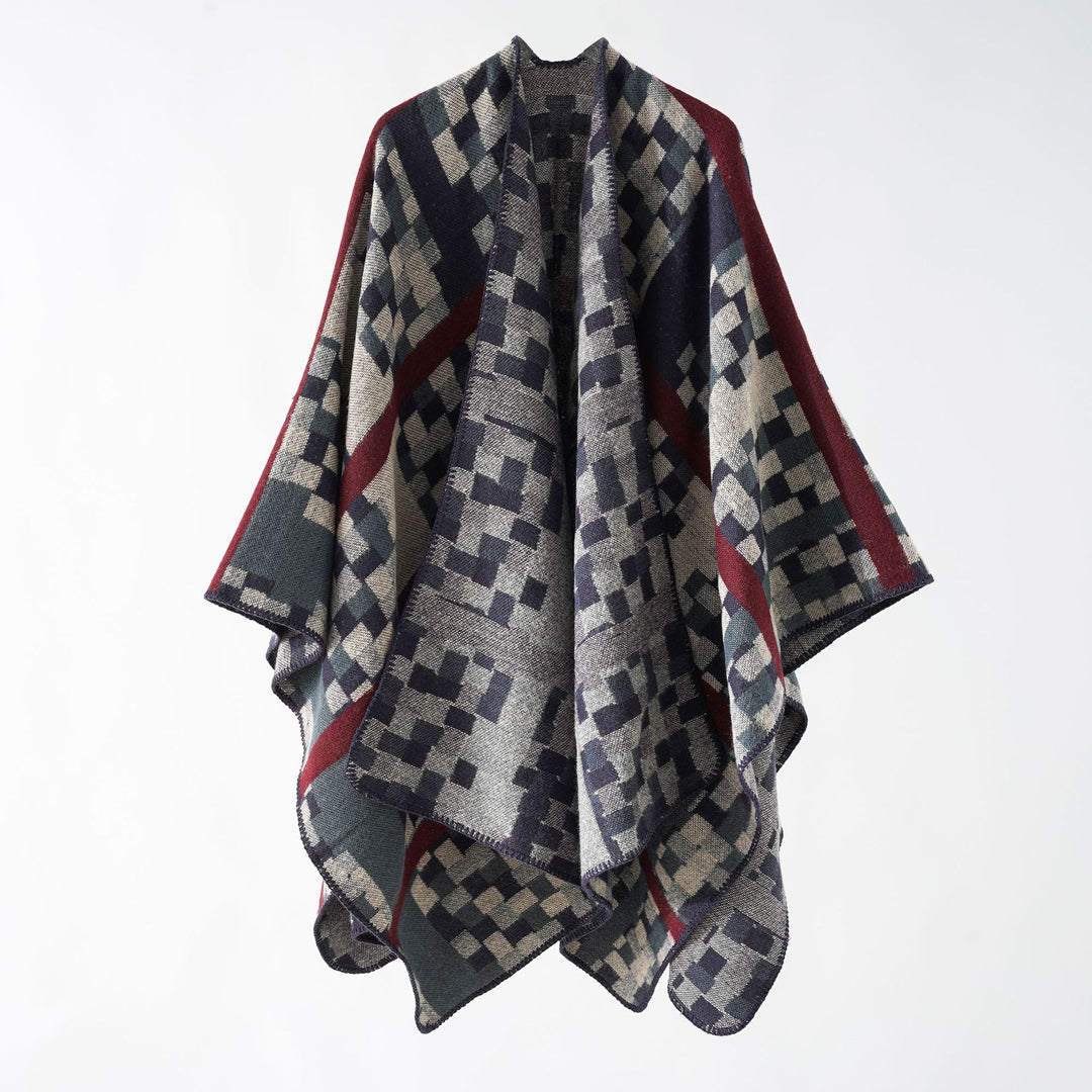 Damen Kastiger Webponcho mit grafischem Jacquard und Kettelkante Drune