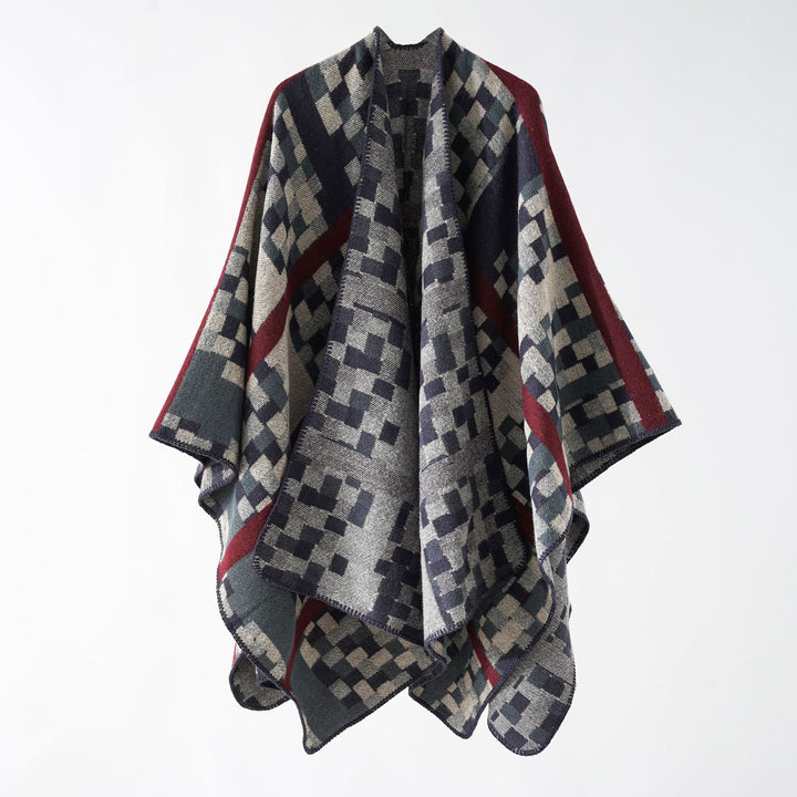 Damen Kastiger Webponcho mit grafischem Jacquard und Kettelkante Drune