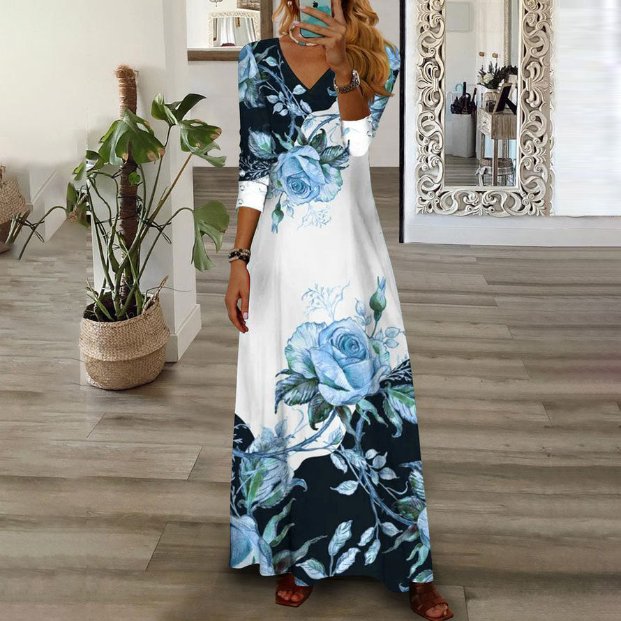 Damen Maxi-Kleid mit V-Ausschnitt, 3/4-Ärmeln und großem Rosendruck Drune