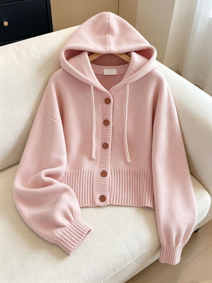 Damen Kapuzen-Strickcardigan mit Knopfleiste, geripptem Bund und Oversize-Ärmeln Drune