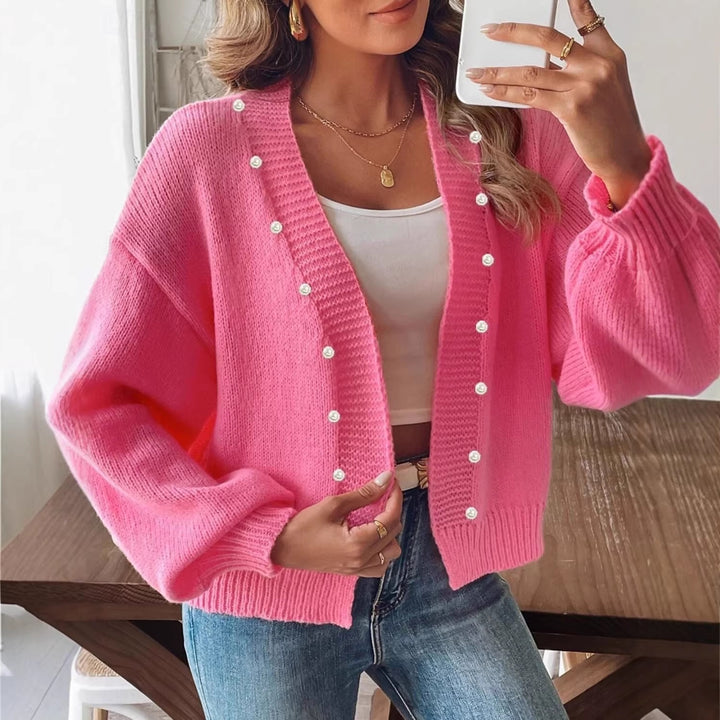 Damen nan grobstrick Cardigan mit Perlenknöpfen und Balloonärmeln Drune