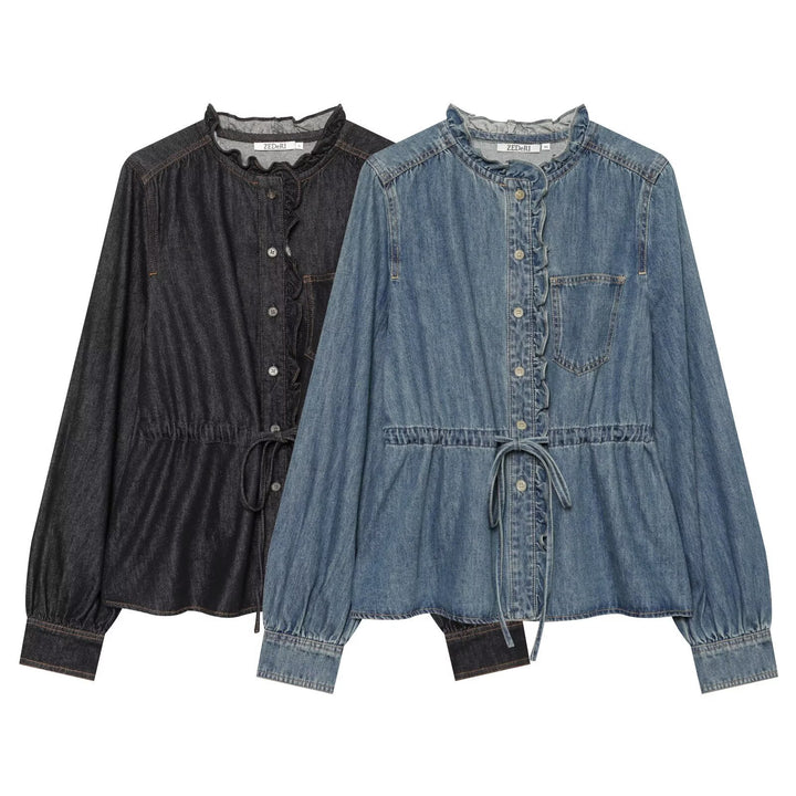 Damen Jeansbluse mit Volantknopfleiste, Tunnelzug‑Taillierung und Rüschkragen Drune