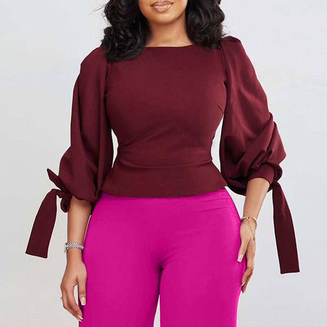 Damen modische Bluse mit Taillenband und Puffärmeln Drune