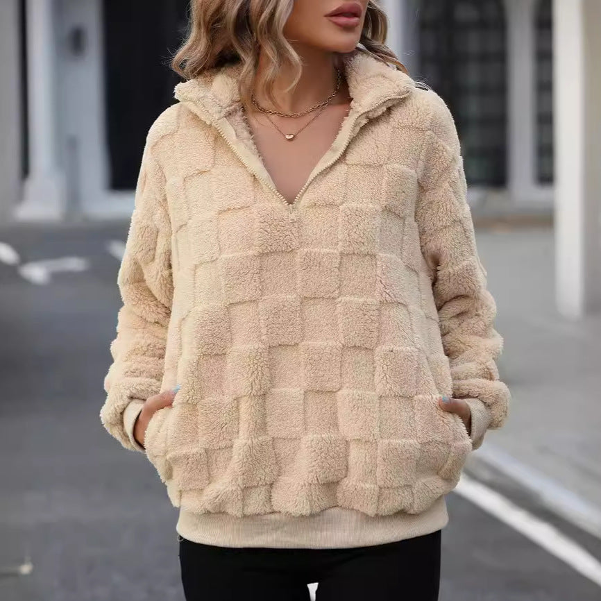 Damen Oversize Fleece-Pullover mit Zipper und Struktur Drune