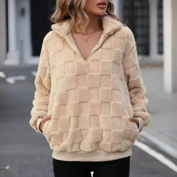 Damen Oversize Fleece-Pullover mit Zipper und Struktur Drune