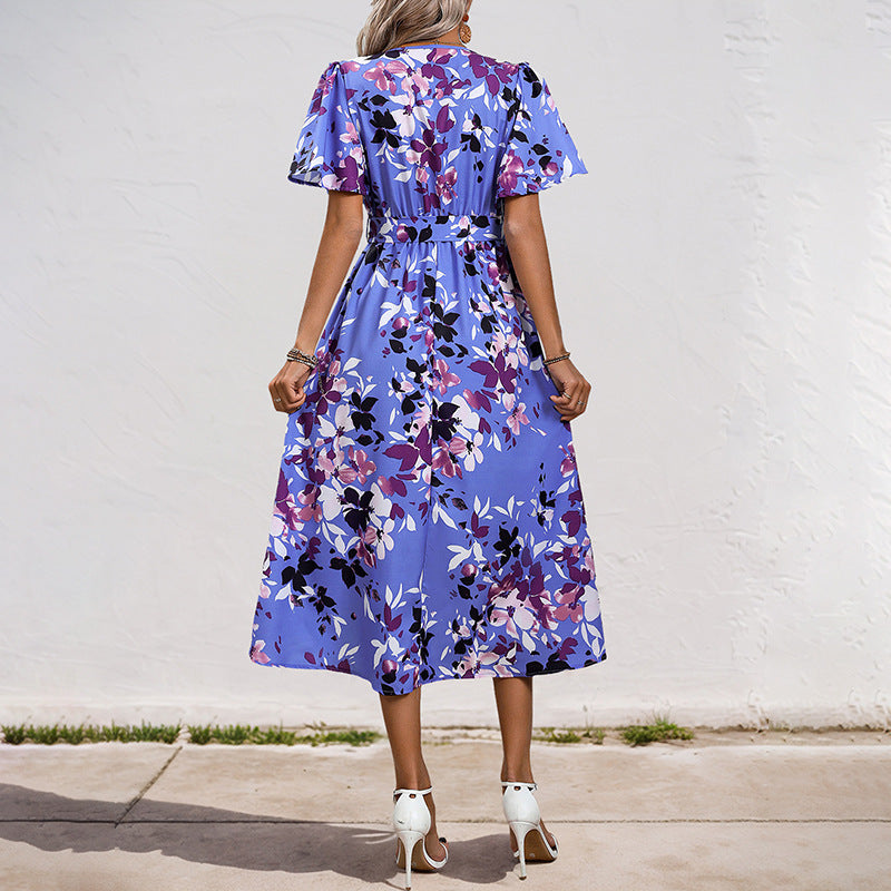 Damen Leichtes Chiffon-Midikleid Wickeloptik mit V-Ausschnitt, Taillenband und asymmetrischem Zipfelrock Drune