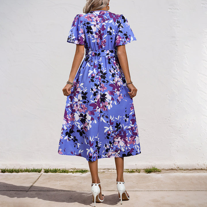 Damen Leichtes Chiffon-Midikleid Wickeloptik mit V-Ausschnitt, Taillenband und asymmetrischem Zipfelrock Drune