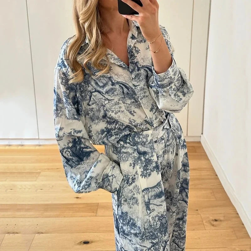 Damen Elegantes Zweiteiliges Set mit weitem Schnitt und floralem Design Drune