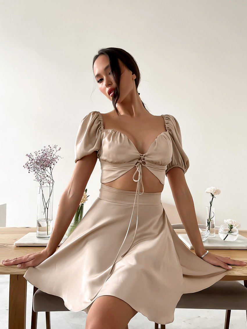 Damen Festliches Minikleid mit tailliertem Schnitt und Puffärmeln Drune