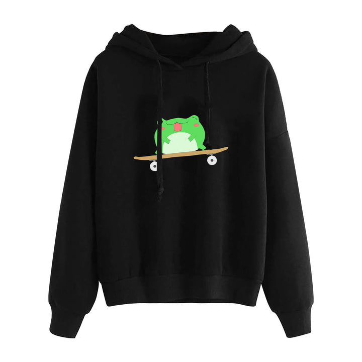 Damen nan kurz geschnittener Cropped-Kapuzenpullover mit niedlicher Frosch-Illustration und verstellbarer Kapuze Drune