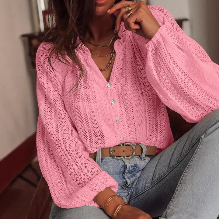Damen Häkelbluse mit Knopfleiste und Ballonärmeln Drune