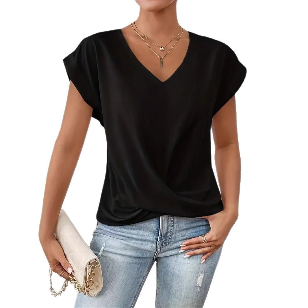 Damen elegante V-Ausschnitt Bluse mit lässiger Drapierung Drune