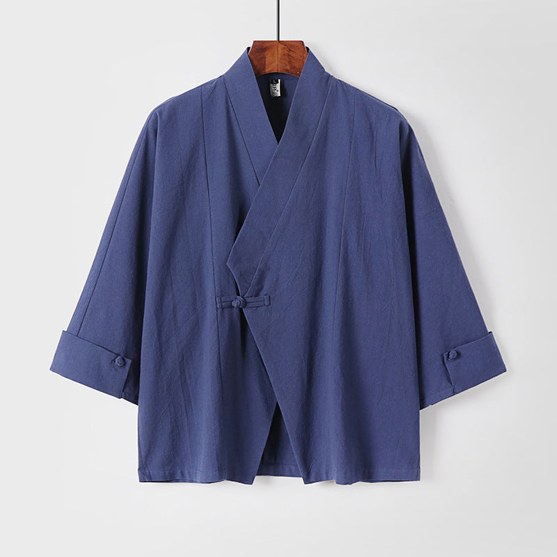 Herren Leinen-Kimono-Jacke mit traditionellem Knotenverschluss und mittel-langen Ärmeln Drune