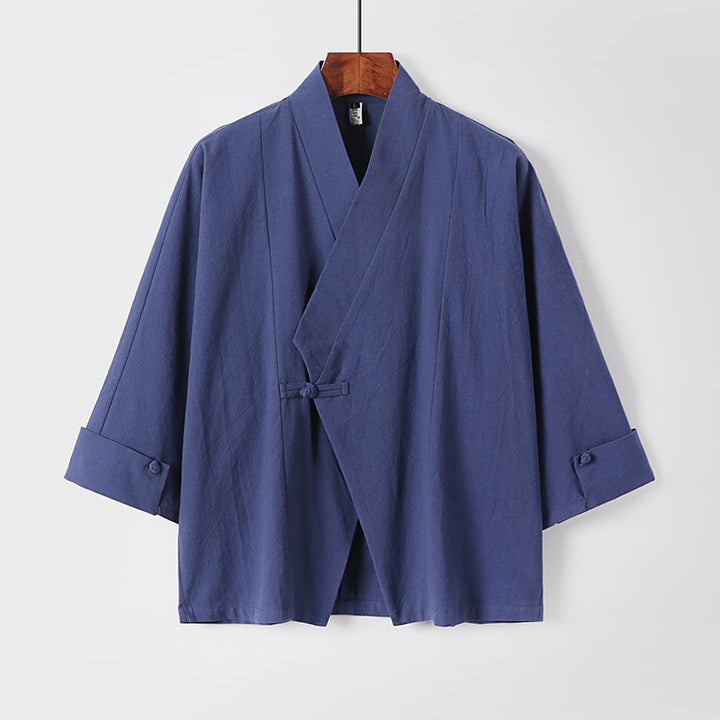 Herren Leinen-Kimono-Jacke mit traditionellem Knotenverschluss und mittel-langen Ärmeln Drune
