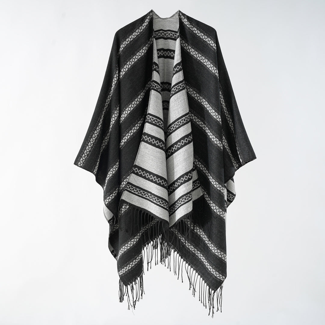 Damen Langer Webponcho im Cape-Stil mit Streifen-Jacquard und Fransen Drune