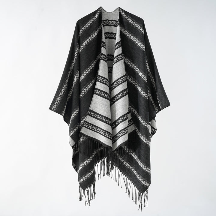 Damen Langer Webponcho im Cape-Stil mit Streifen-Jacquard und Fransen Drune